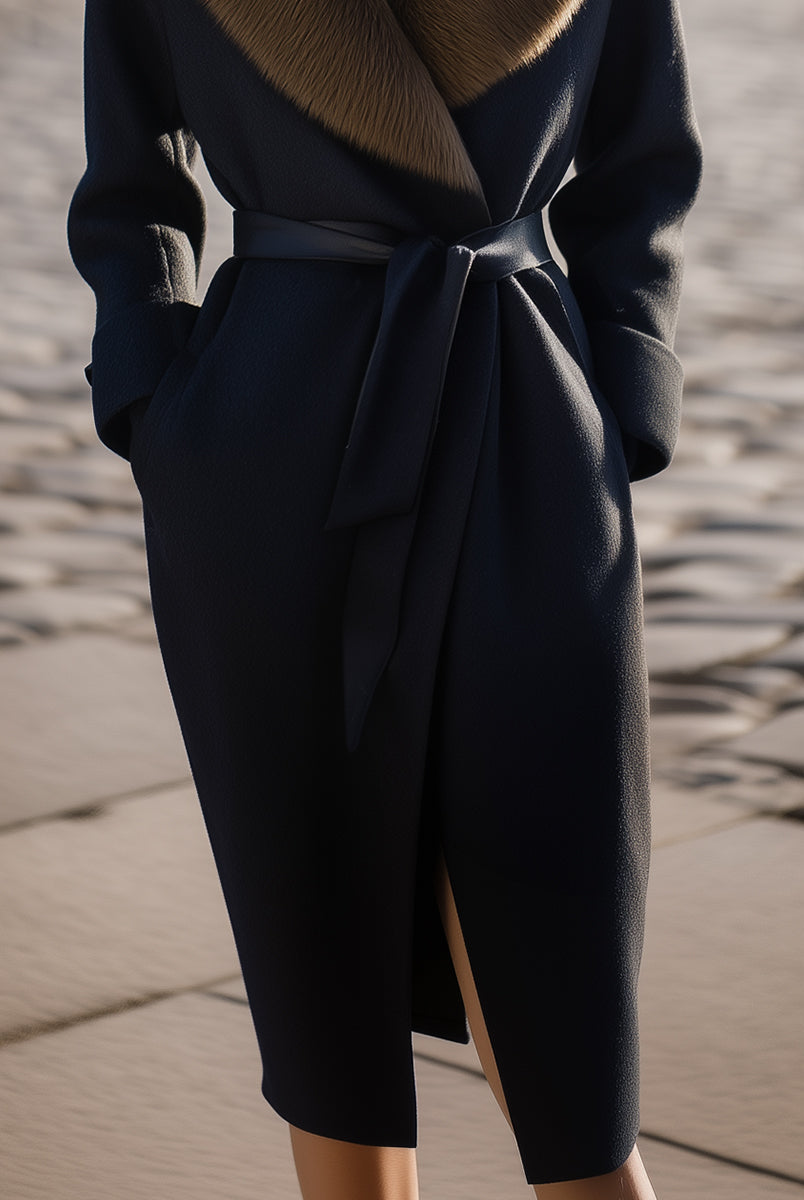 Black Lumina Vancouver Greer wool coat with oversized fur collar, shown on a model, stylish and warm winter outerwear.