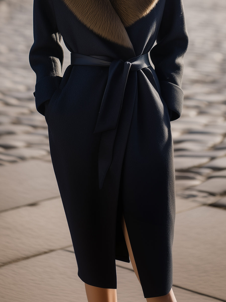 Black Lumina Vancouver Greer wool coat with oversized fur collar, shown on a model, stylish and warm winter outerwear.