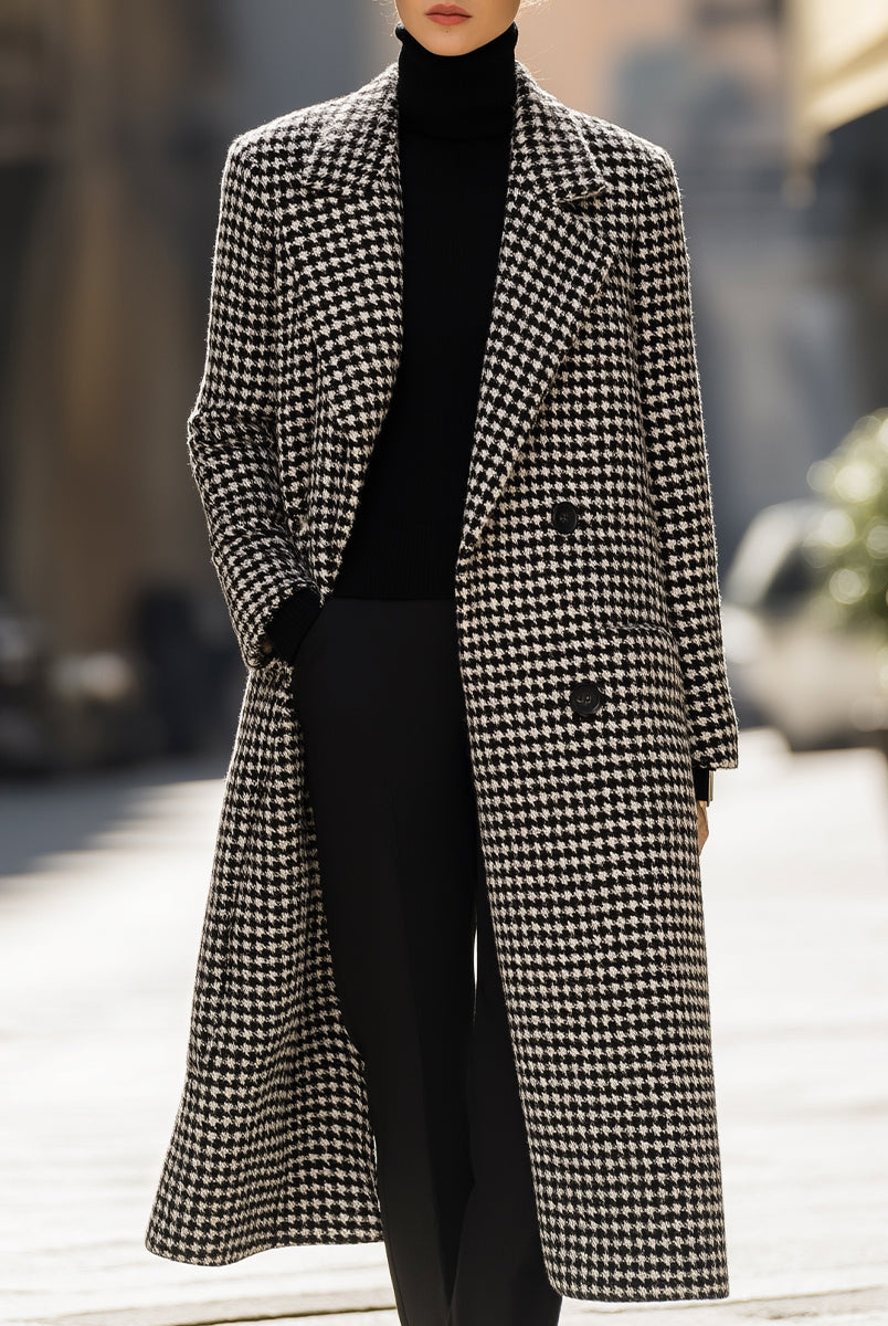Black Marion Lumina Vancouver houndstooth wool long coat displayed on a model, showcasing its tailored fit and classic pattern.