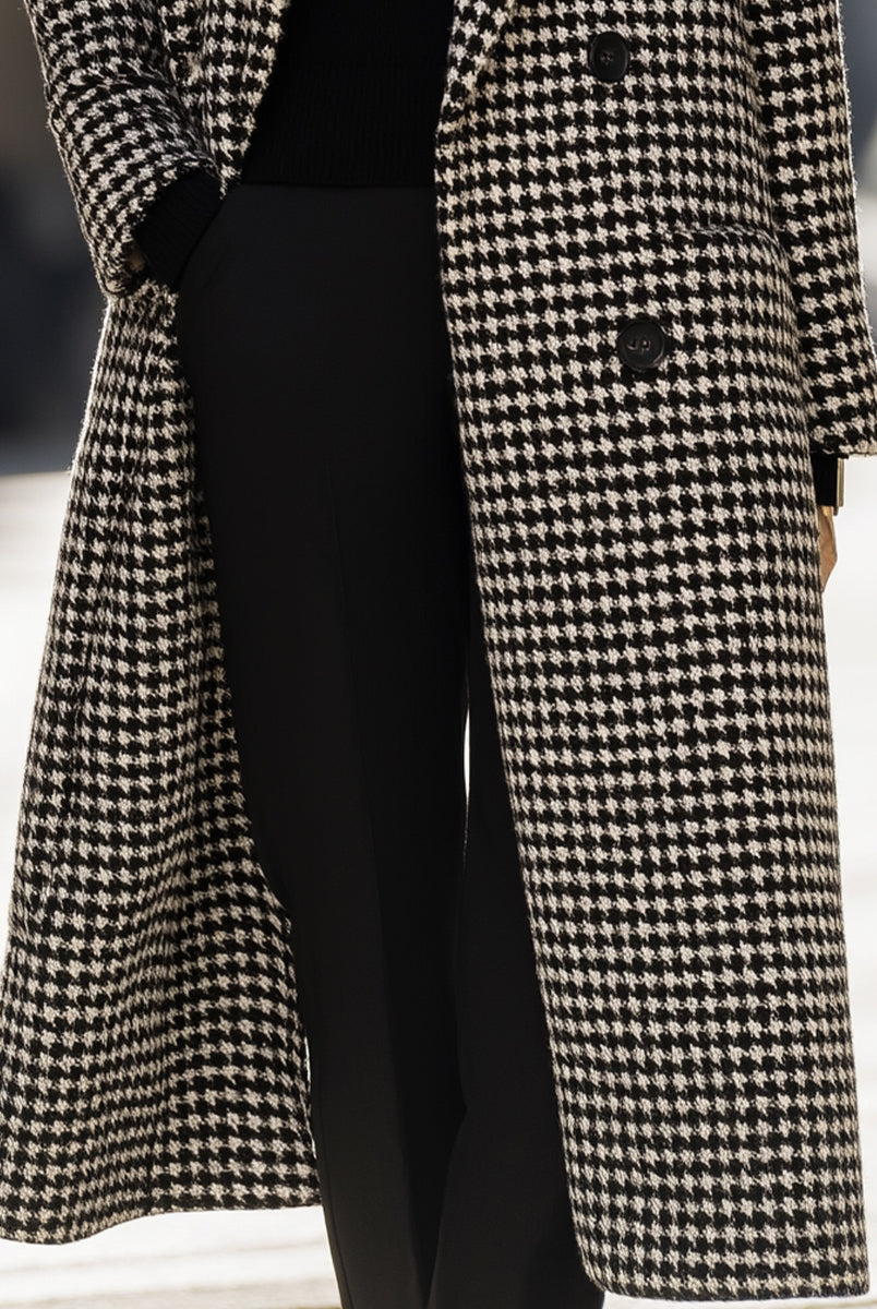 Black Marion Houndstooth Wool Long Coat by Lumina Vancouver, featuring a classic pattern and tailored fit.