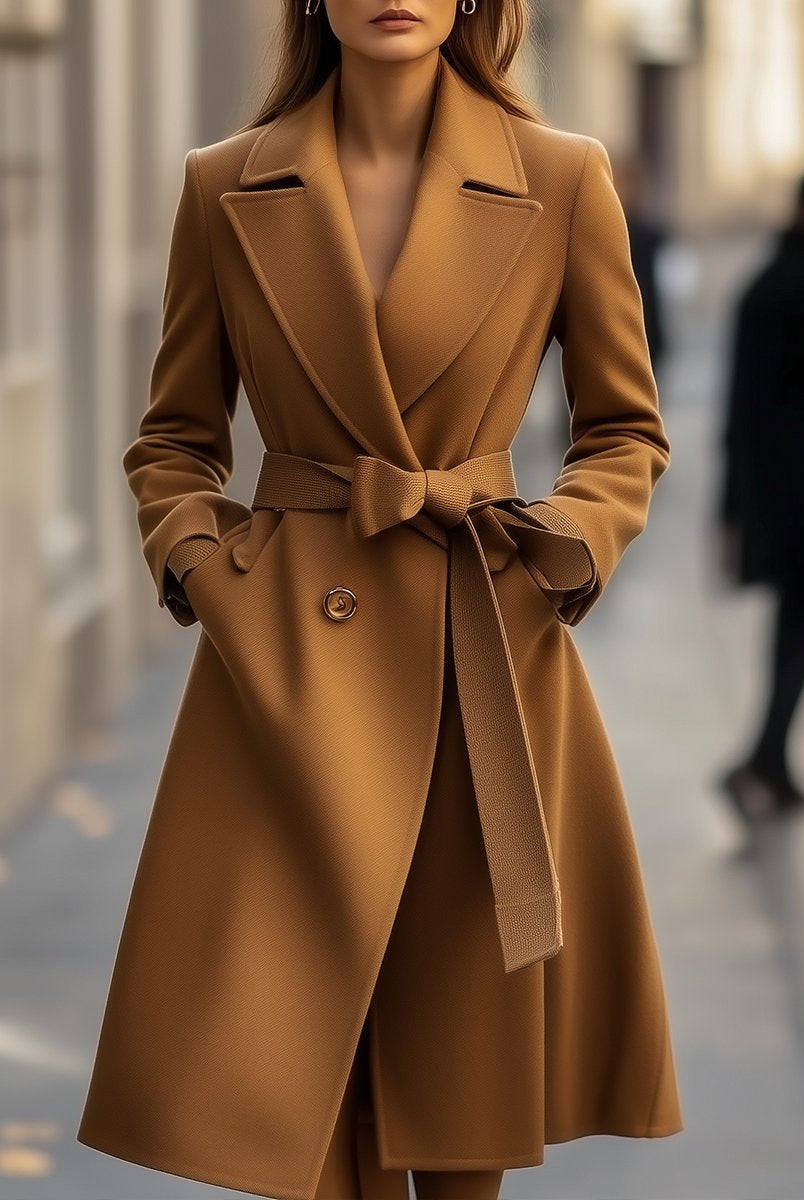 Nadine wool trench coat with belt from Lumina Vancouver, camel color, tailored silhouette, stylish outerwear for women.