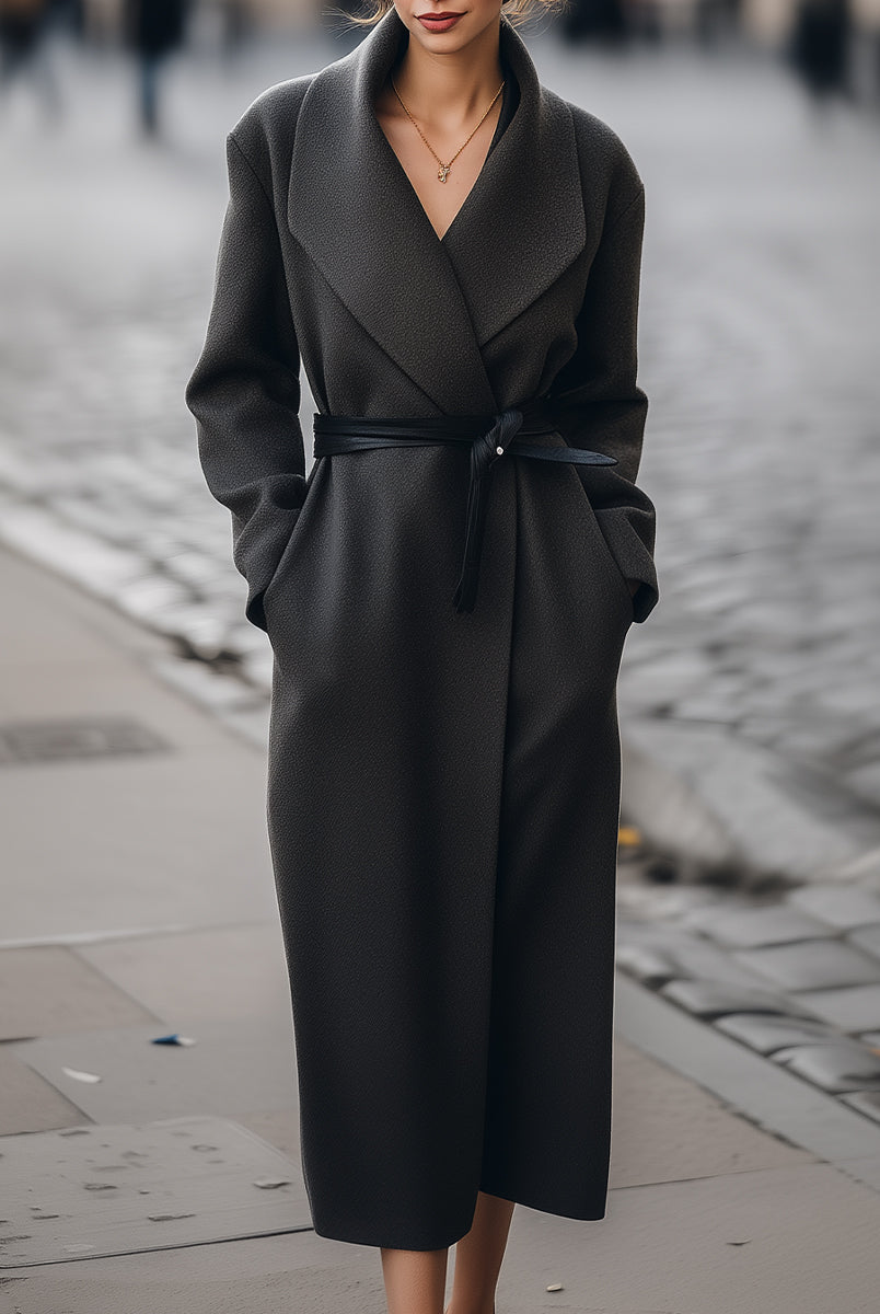 Charcoal Petronella Lumina Vancouver wrap coat with belt, cozy and stylish, shown on a model.