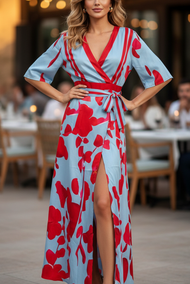 Elegant floral dress named Elise by Lumina Vancouver, featuring a fitted bodice and flowing skirt, showcased on a dress form.