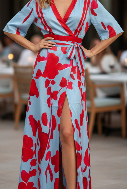 Elegant floral dress from Lumina Vancouver, featuring a fitted silhouette and vibrant floral pattern, perfect for stylish occasions.