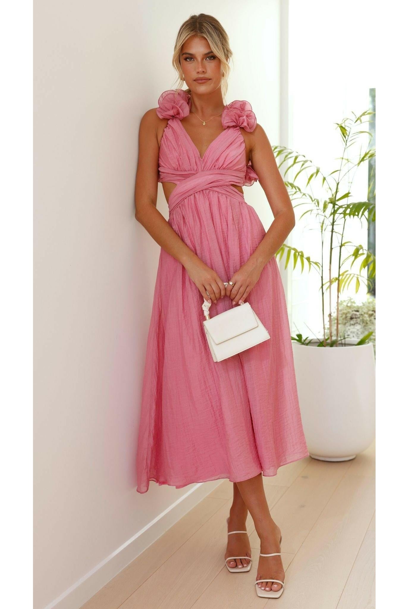Pink Severine elegant summer dress by Lumina Wear, featuring a flowing design perfect for wedding guests and warm weather.