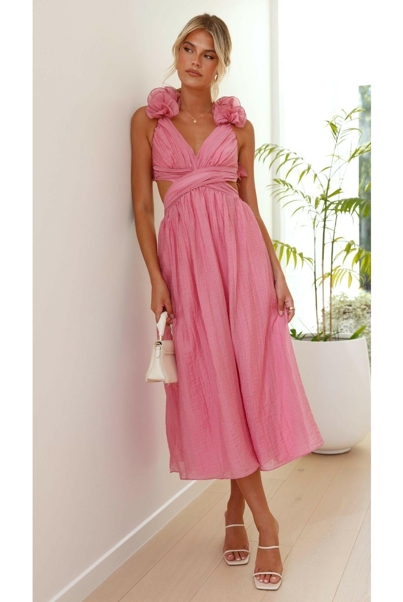 Pink Severine elegant summer dress by Lumina Wear, featuring a flowing design perfect for weddings and warm weather.