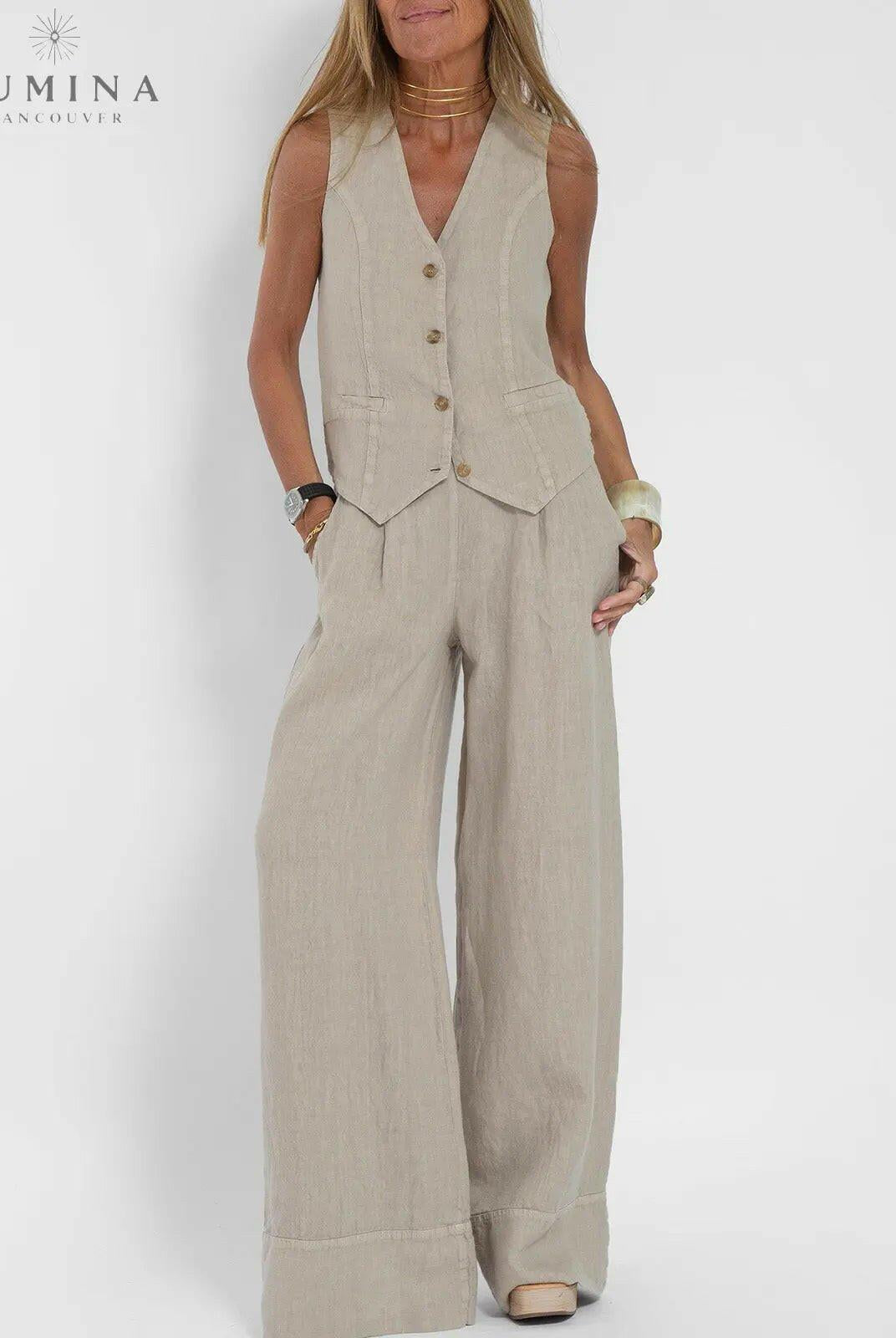 Blue Ella vest and wide pants set from Lumina Vancouver, perfect for spring, featuring stylish and comfortable 2-piece outfit.