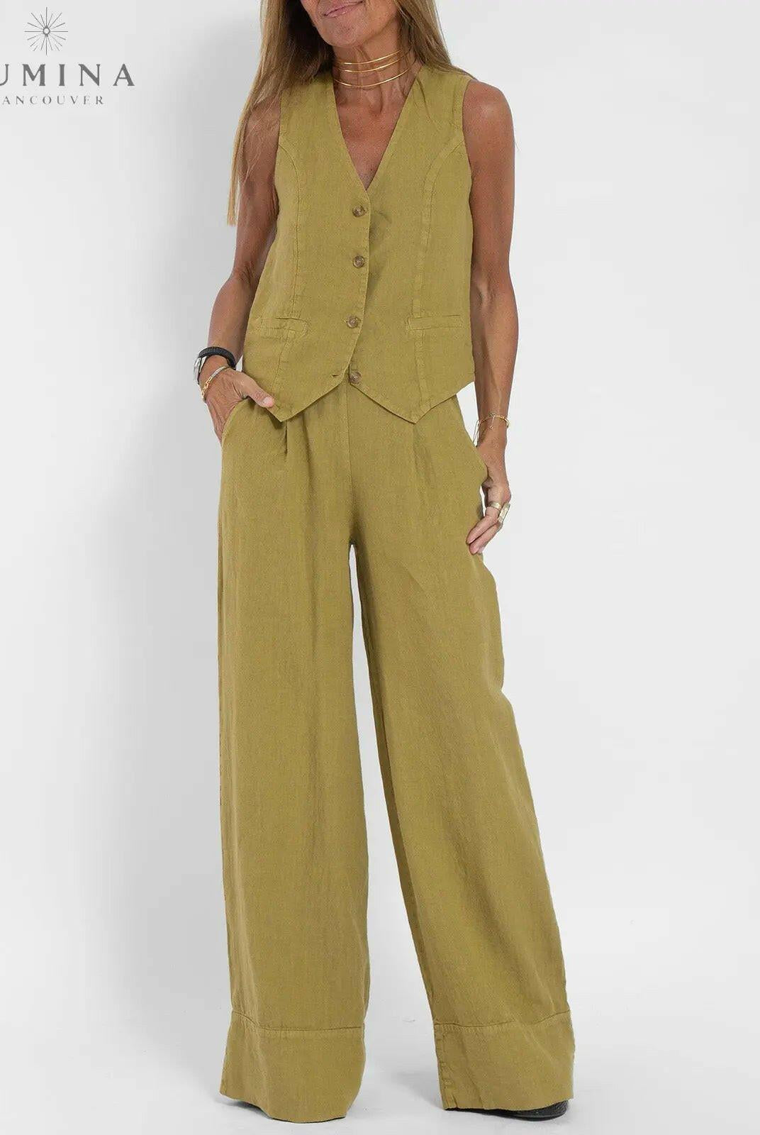 Blue Ella vest and wide pants set by Lumina Vancouver, stylish spring 2-piece outfit with comfortable, lightweight fabric.