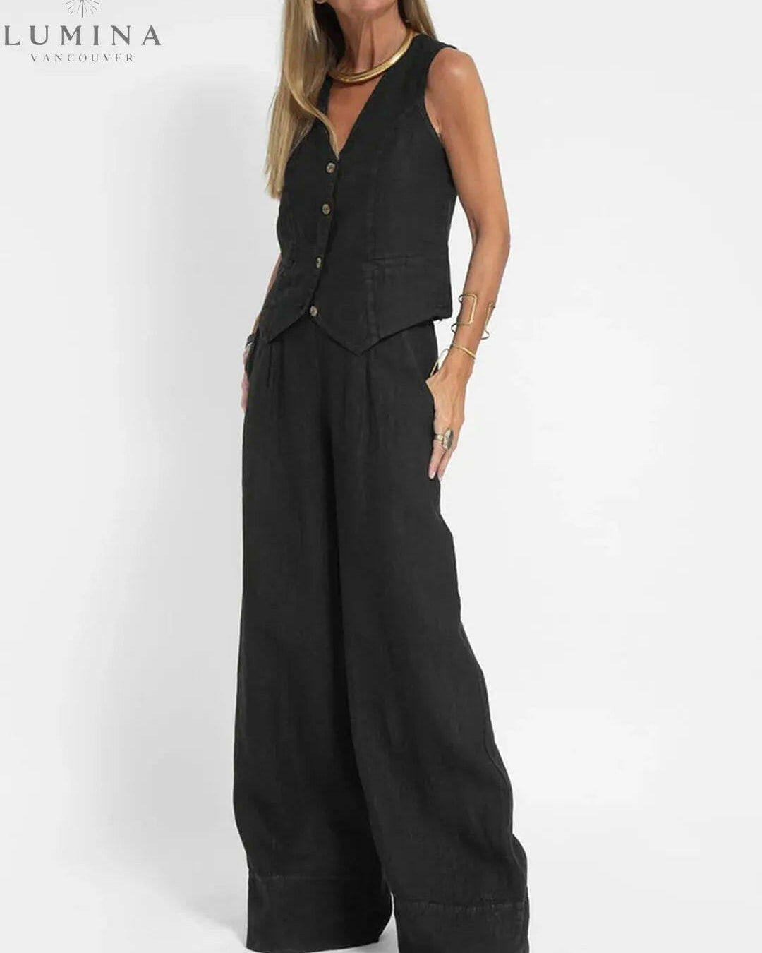 Blue Ella vest and wide pants set by Lumina Wear, stylish two-piece spring outfit with a modern, casual look.