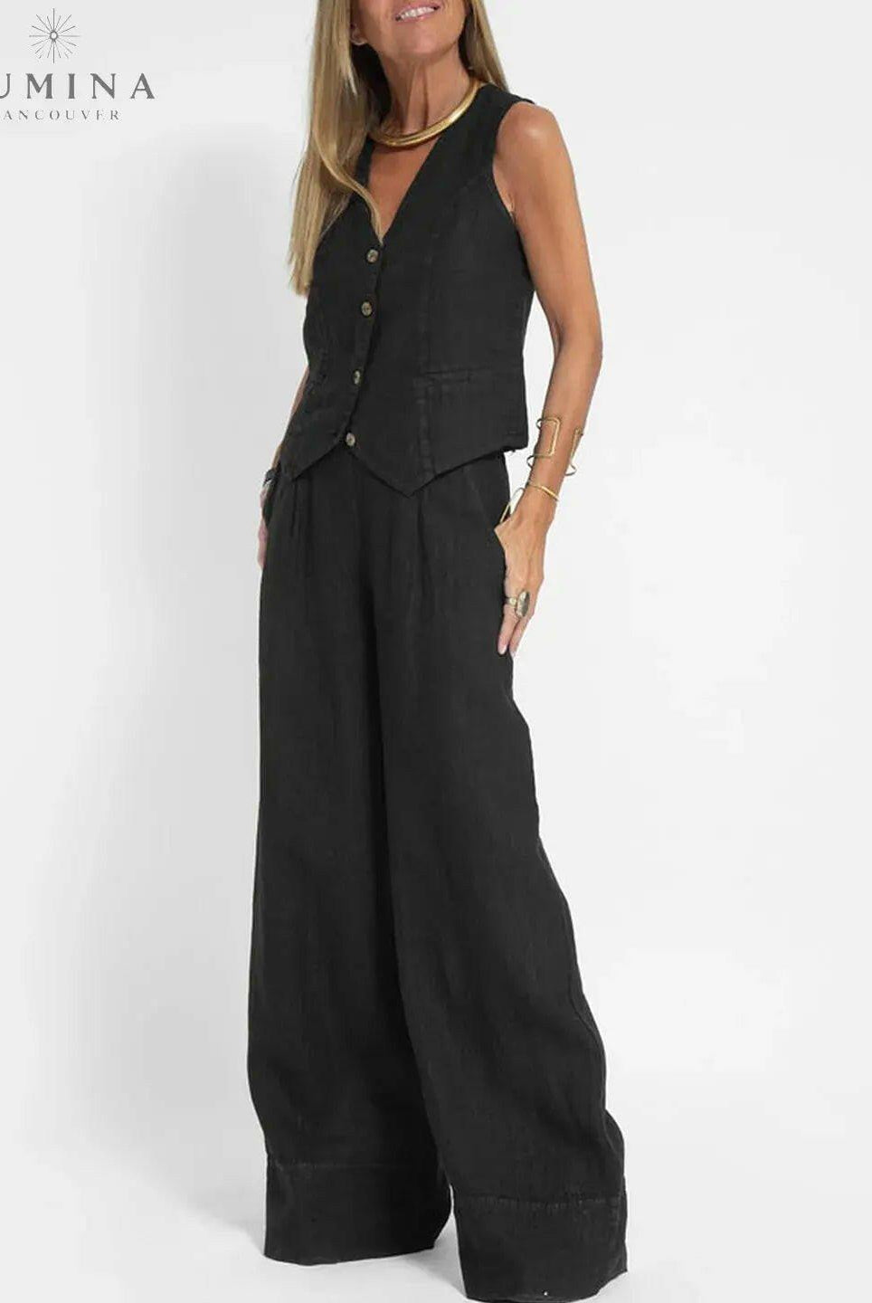 Blue Ella vest and wide pants set by Lumina Vancouver, stylish spring 2-piece set displayed on a model.