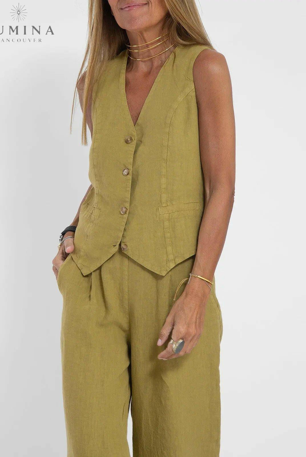 Blue Ella vest and wide pants set by Lumina Vancouver, stylish spring 2-piece outfit for women.