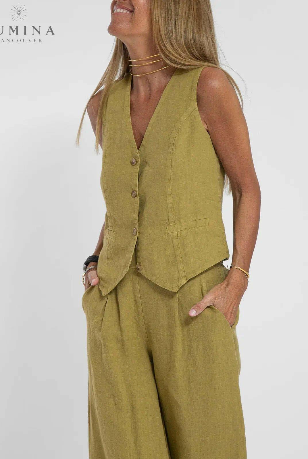 Blue Ella vest and wide pants set by Lumina Vancouver, stylish spring 2-piece outfit for women.