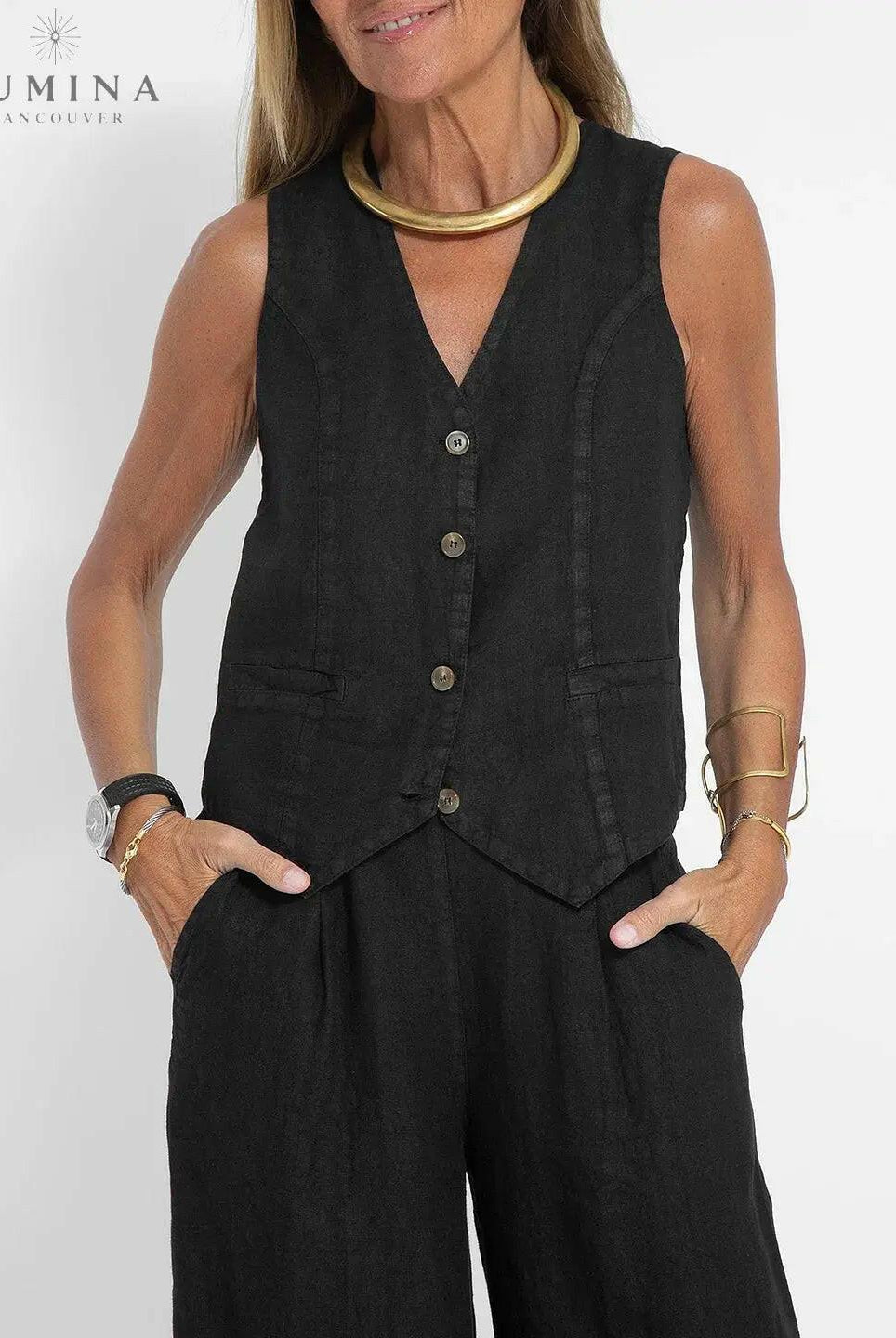 Blue Ella vest and wide pants set by Lumina Vancouver, stylish spring 2-piece outfit for women.