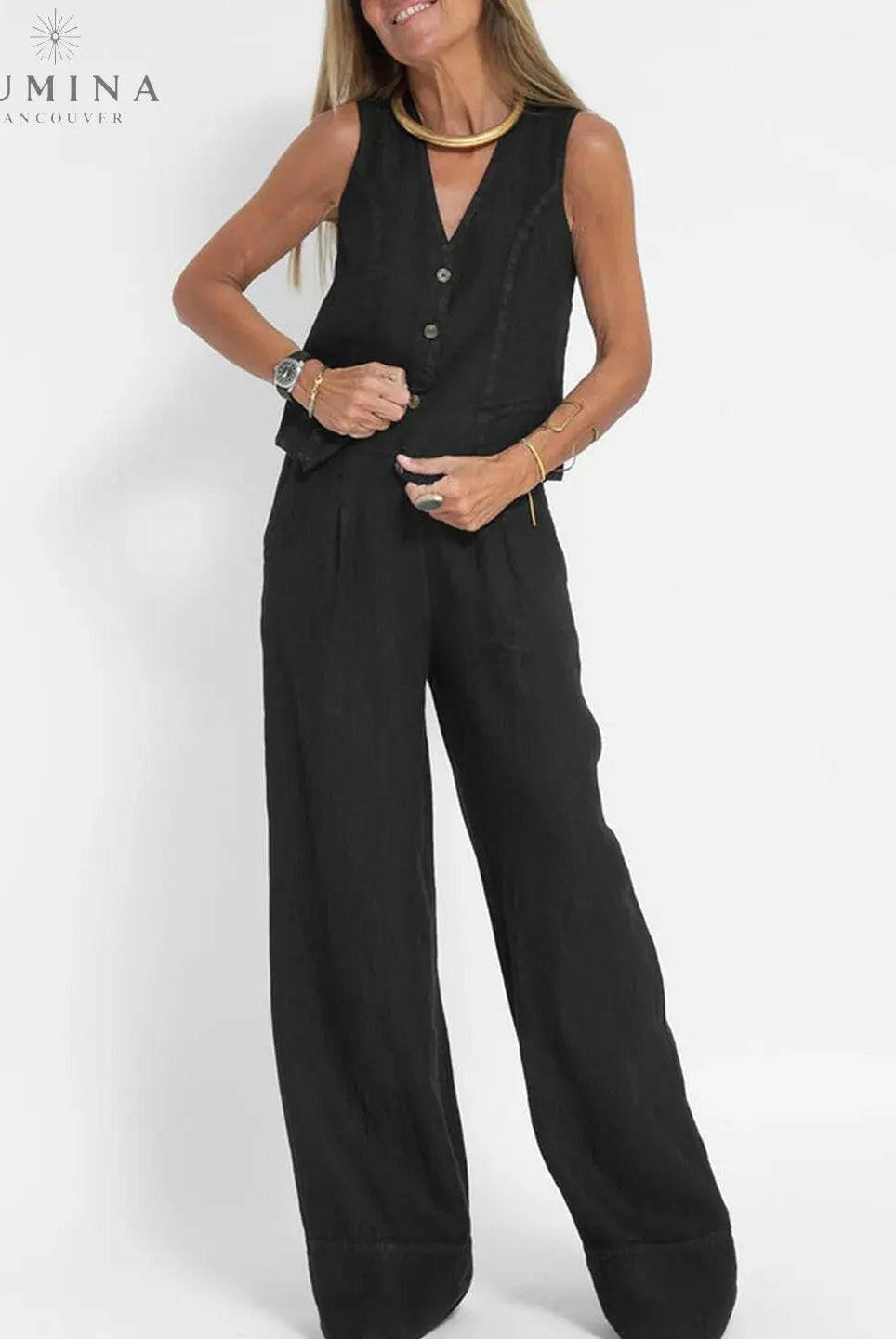 Blue Ella vest and wide pants set by Lumina Vancouver, stylish spring 2-piece ensemble with a modern, relaxed fit.