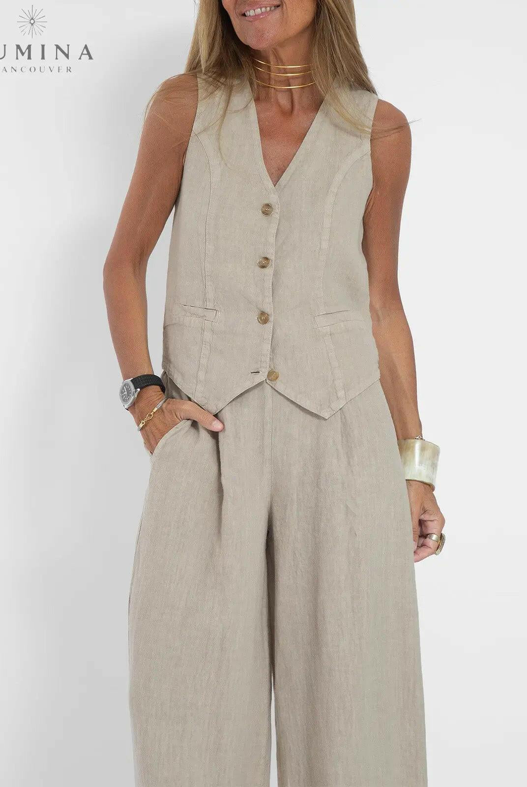 Blue Ella vest and wide pants set by Lumina Vancouver, stylish spring 2-piece outfit for women, includes a sleeveless vest and wide-leg pants.