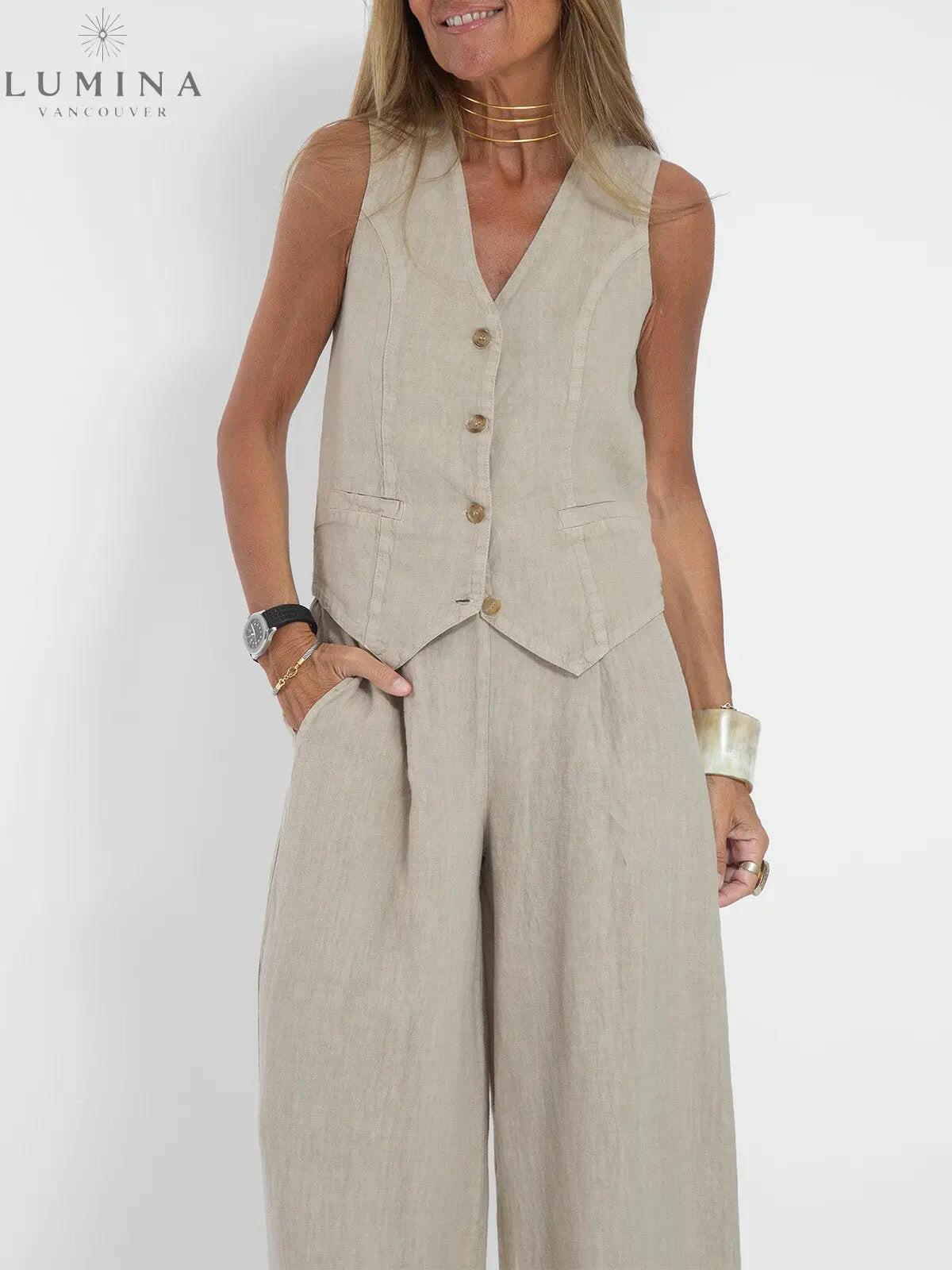 Blue Ella vest and wide pants set by Lumina Vancouver, stylish spring 2-piece outfit for women, includes a sleeveless vest and wide-leg pants.