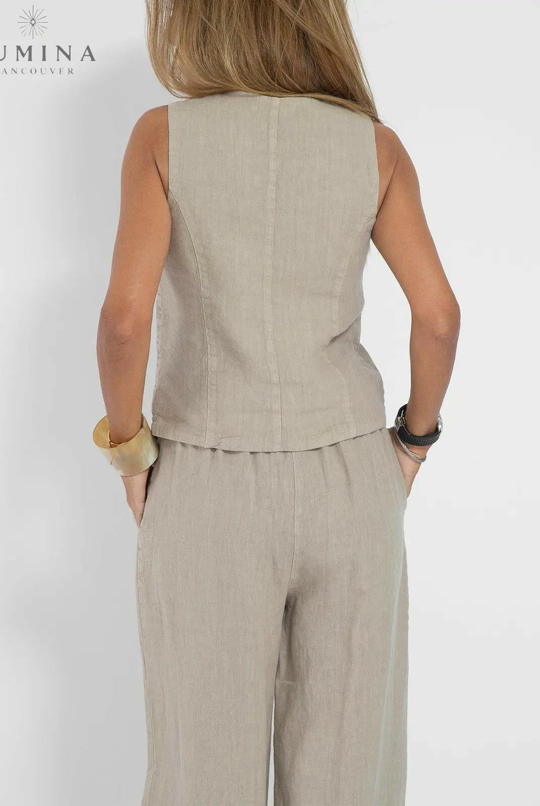 Blue Ella vest and wide pants set by Lumina Vancouver, perfect for spring, featuring a stylish 2-piece outfit.