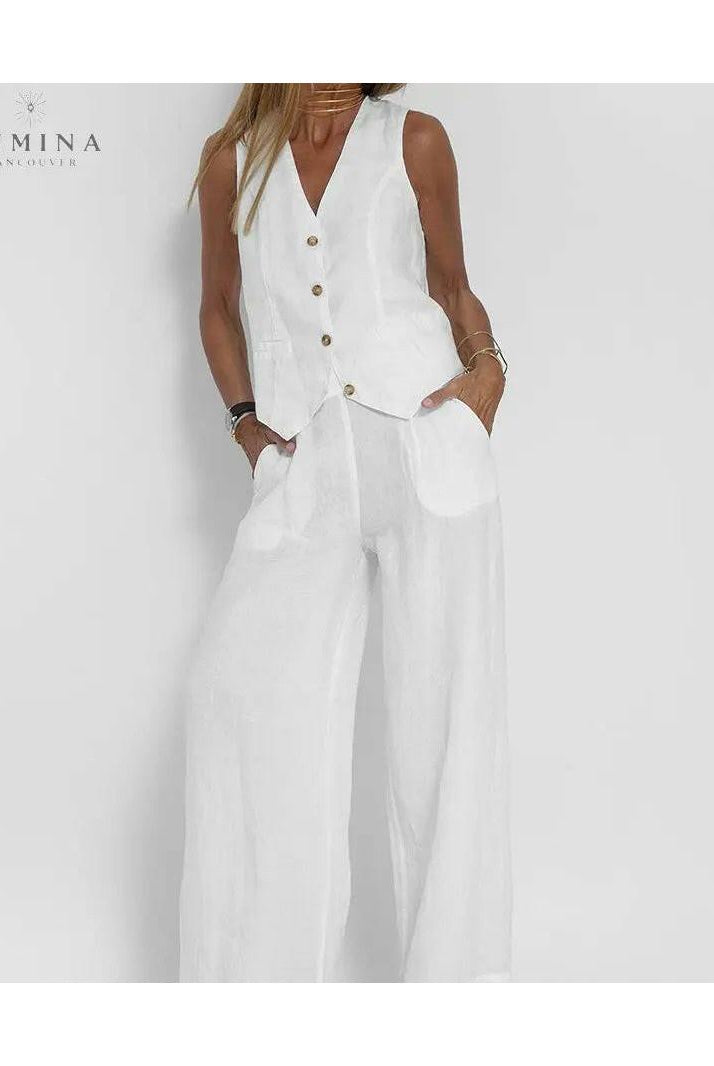 Blue Ella vest and wide pants set by Lumina Vancouver, perfect for spring, featuring a stylish, comfortable two-piece design.