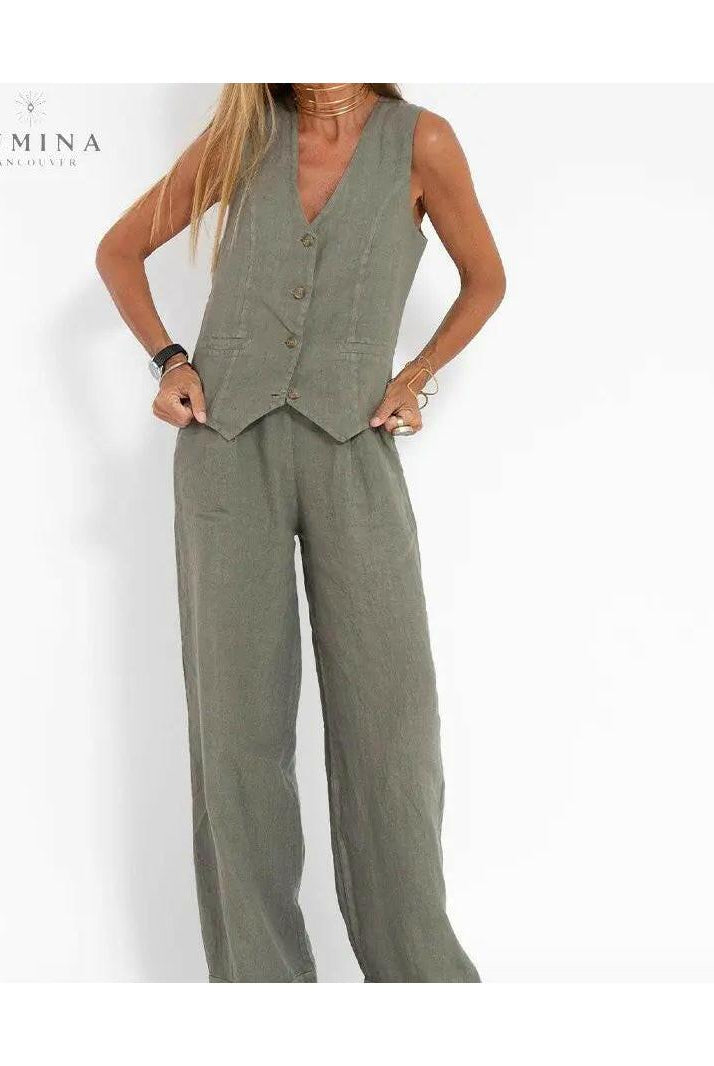 Blue Ella vest and wide pants set by Lumina Vancouver, perfect for spring, featuring a stylish and comfortable 2-piece outfit.