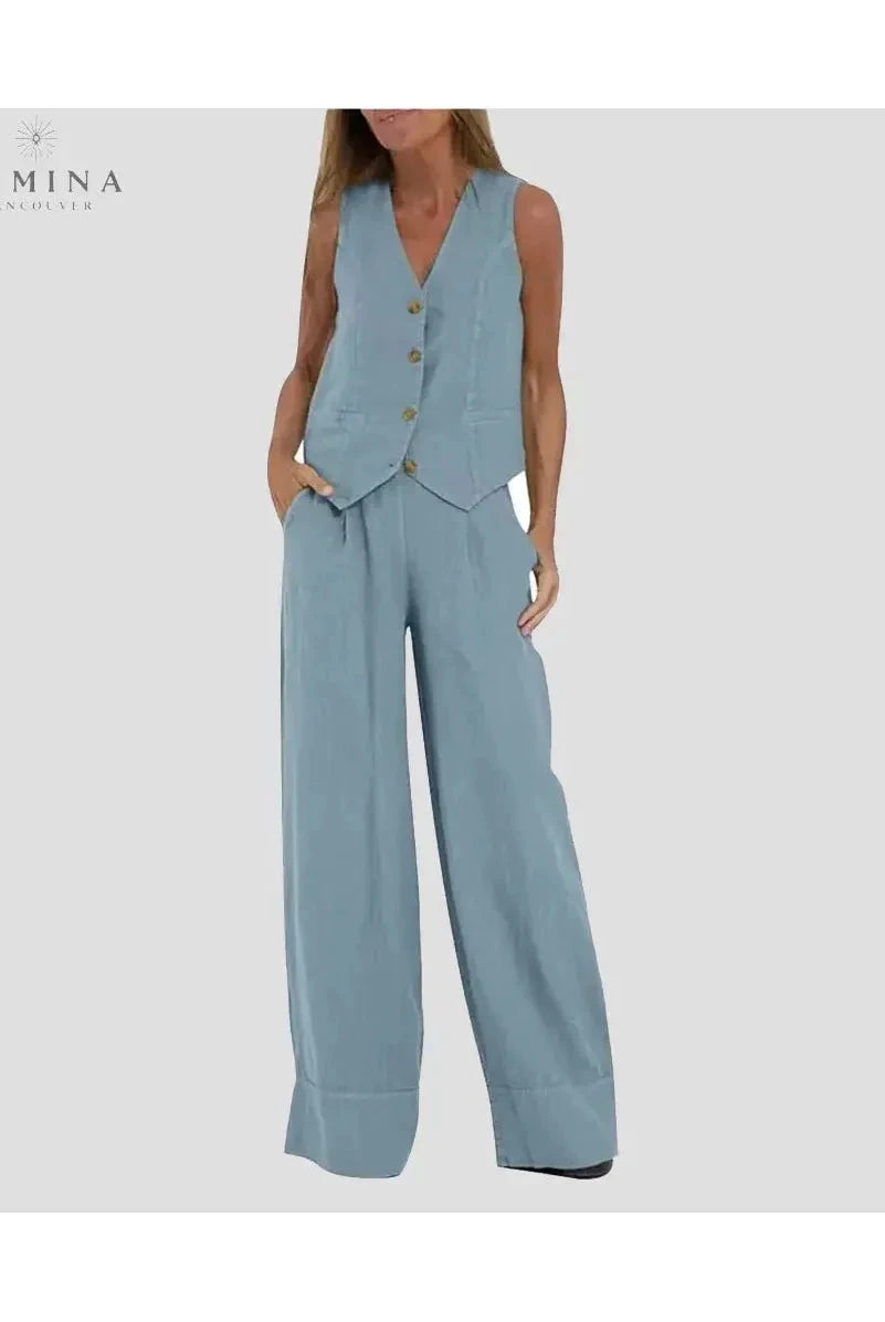 Lumina Vancouver Ella blue vest and wide pants set, spring 2-piece outfit, stylish and comfortable for casual wear.