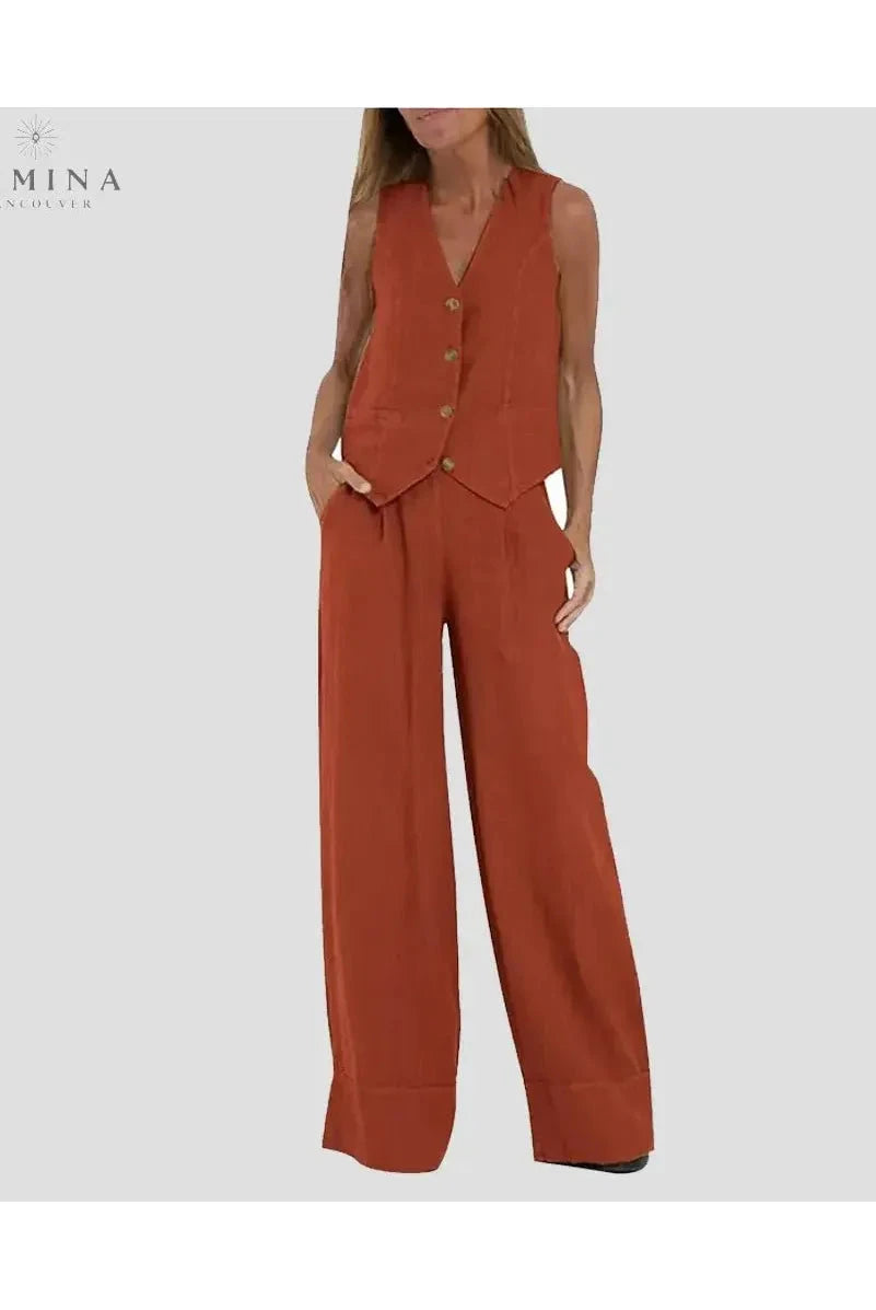 Blue Ella vest and wide pants set by Lumina Vancouver, stylish spring 2-piece outfit for women.