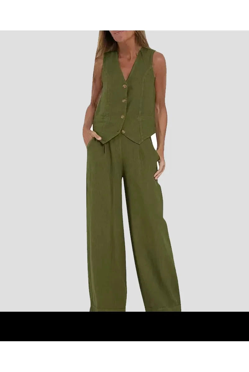 Blue Ella vest and wide pants set by Lumina Vancouver, stylish spring 2-piece set for women, featuring a matching top and wide-leg pants.
