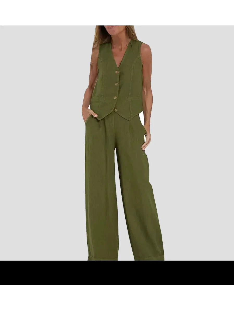 Blue Ella vest and wide pants set by Lumina Vancouver, stylish spring 2-piece set for women, featuring a matching top and wide-leg pants.