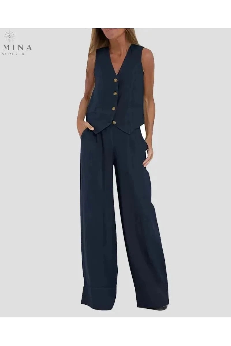 Blue Ella vest and wide pants set by Lumina Vancouver, stylish spring 2-piece outfit for women.