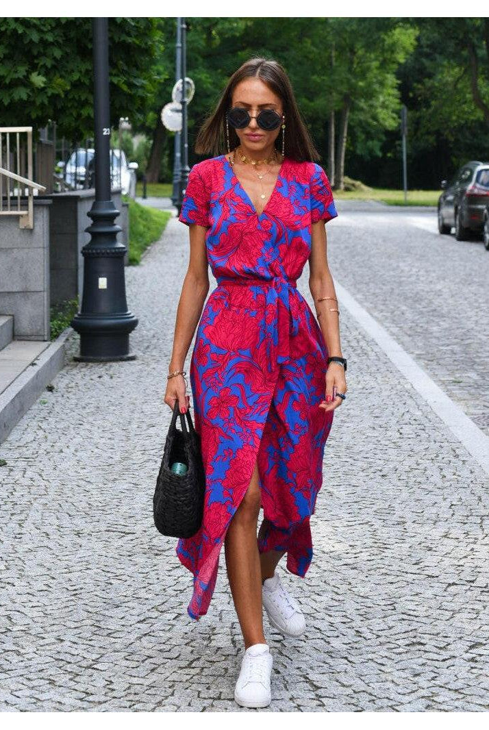 Elegant ELODY™ tummy-covering dress by Lumina Vancouver in red and blue, showcasing a stylish, flowing design.