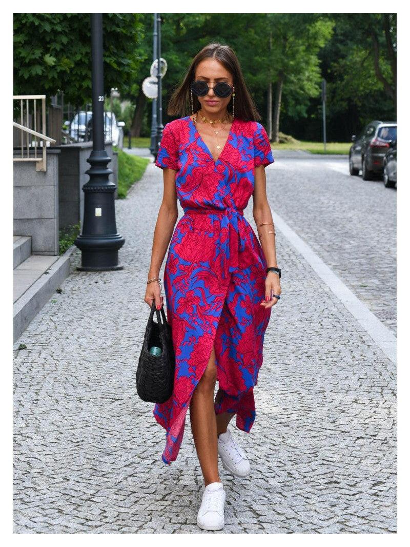 Elegant ELODY™ tummy-covering dress by Lumina Vancouver in red and blue, showcasing a stylish, flowing design.