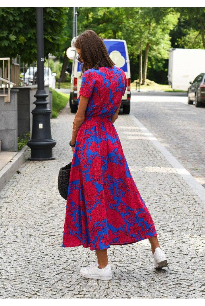 Elegant ELODY™ tummy-covering dress by Lumina Vancouver in red and blue, featuring a stylish, comfortable design for women.