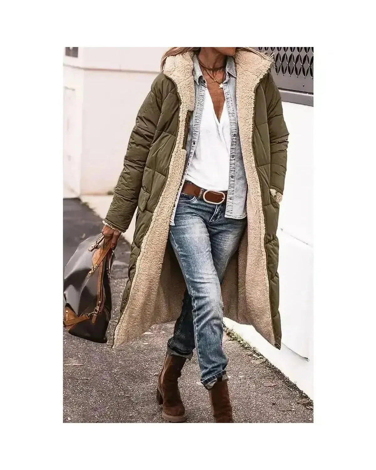 Lumina Wear Elowen reversible fur jacket in military green, showing both outer and inner sides with plush fur and sleek fabric.