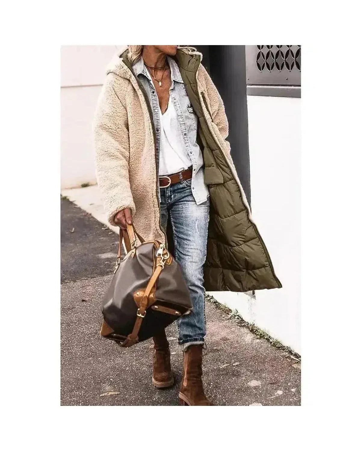 Lumina Wear Elowen reversible fur jacket in military green, showcasing soft fur exterior and cozy inner lining.