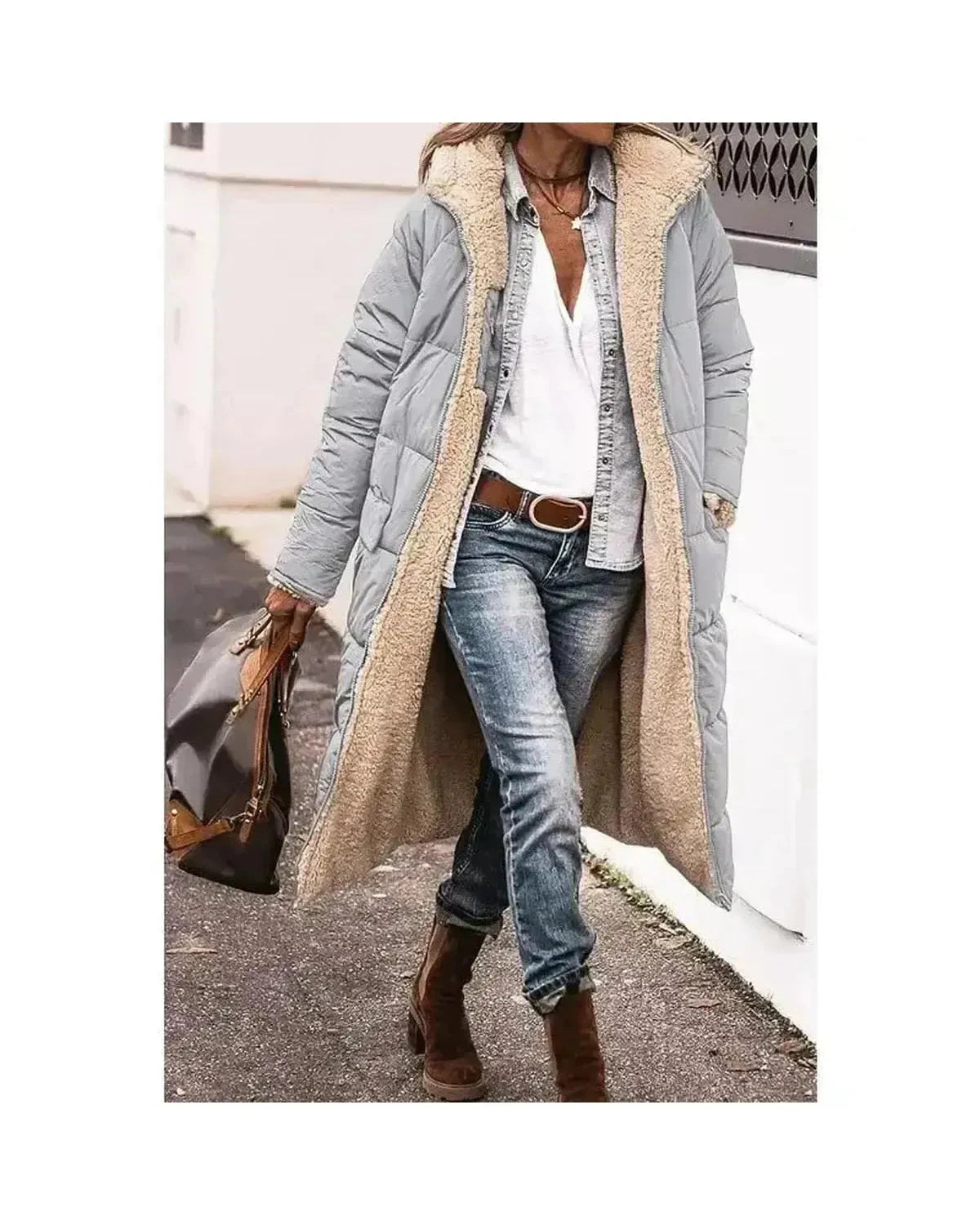 Lumina Wear Elowen reversible fur jacket in military green, showcasing soft fur on one side and smooth fabric on the other.