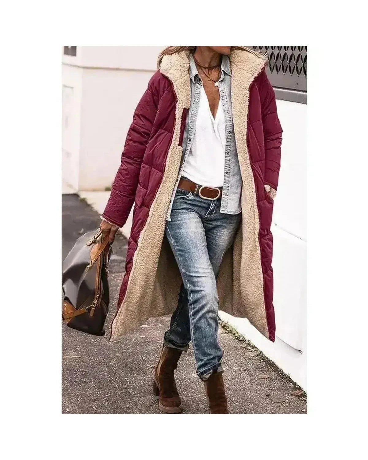 Lumina Wear Elowen reversible fur jacket in military green, showcasing plush fur and stylish design for cold weather wear.