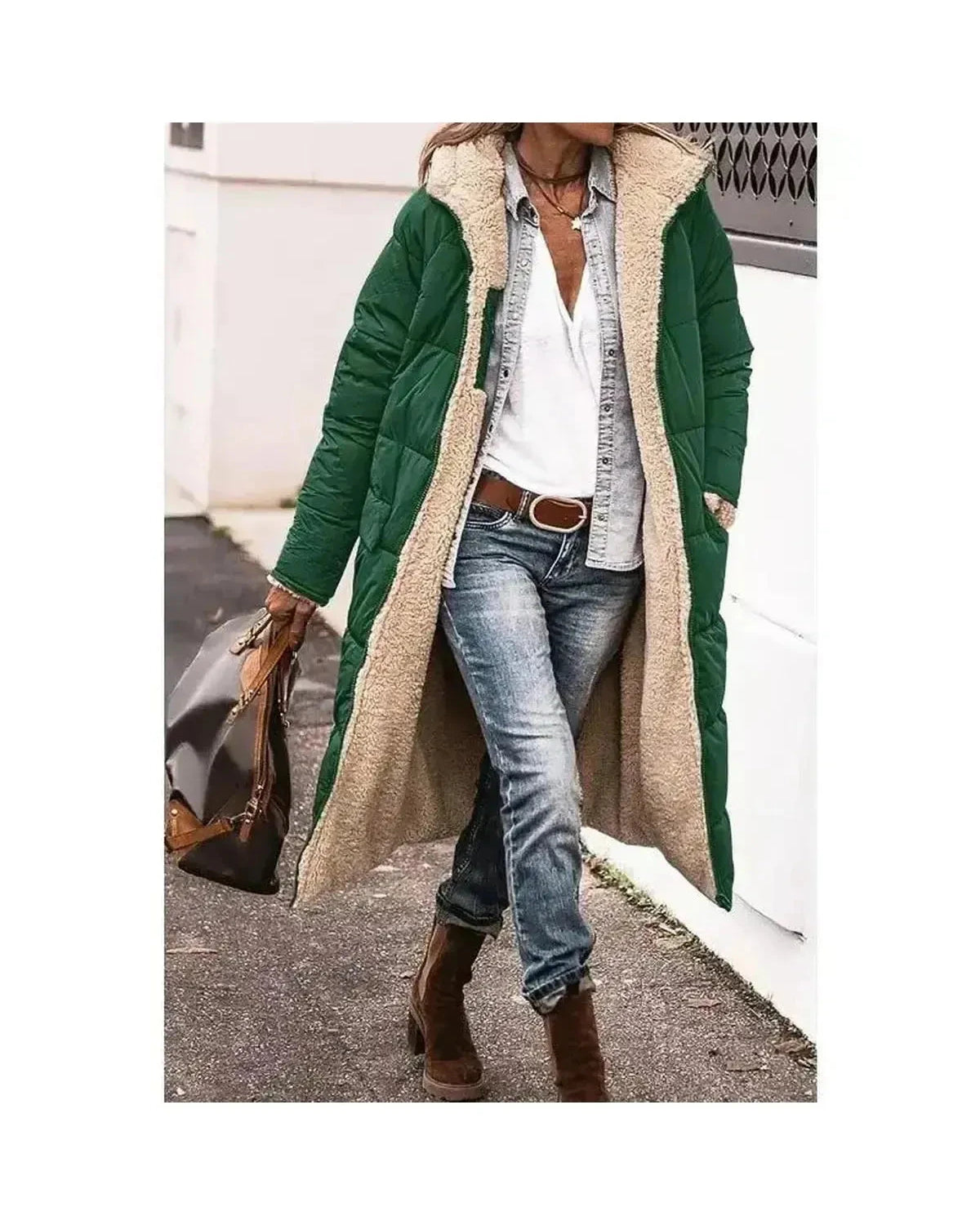 Lumina Wear Elowen reversible fur jacket in military green, displayed open to show plush fur interior and sleek outer fabric.