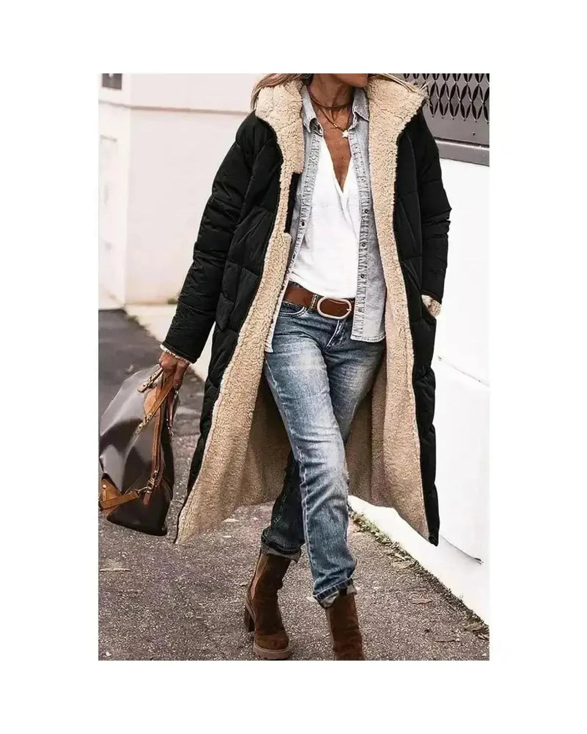 Lumina Wear Elowen reversible fur jacket in military green, showcasing plush fur lining and stylish outer fabric.