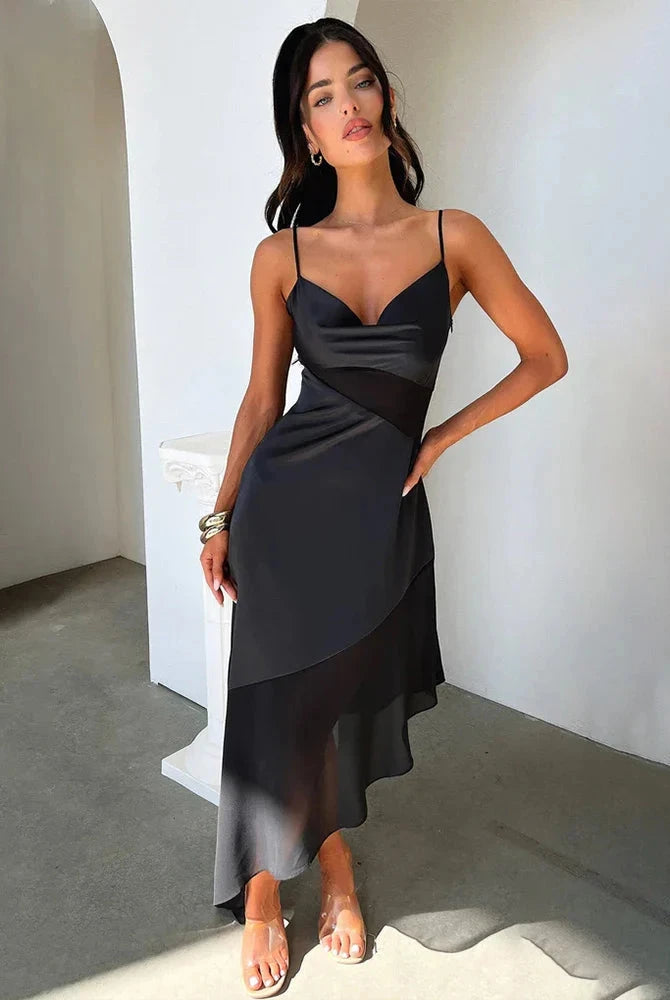 Black Elowen satin midi dress by Lumina Wear, featuring a sleek design and elegant fit, perfect for formal or evening occasions.