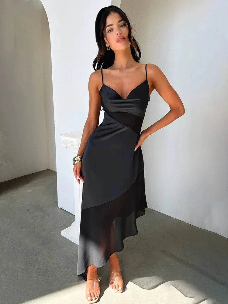 Black Elowen Satin Midi Dress by Lumina Vancouver, featuring smooth satin fabric and elegant midi length.