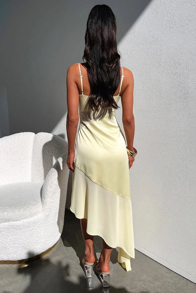 Black Elowen satin midi dress by Lumina Wear, featuring a sleek, elegant design perfect for formal occasions.