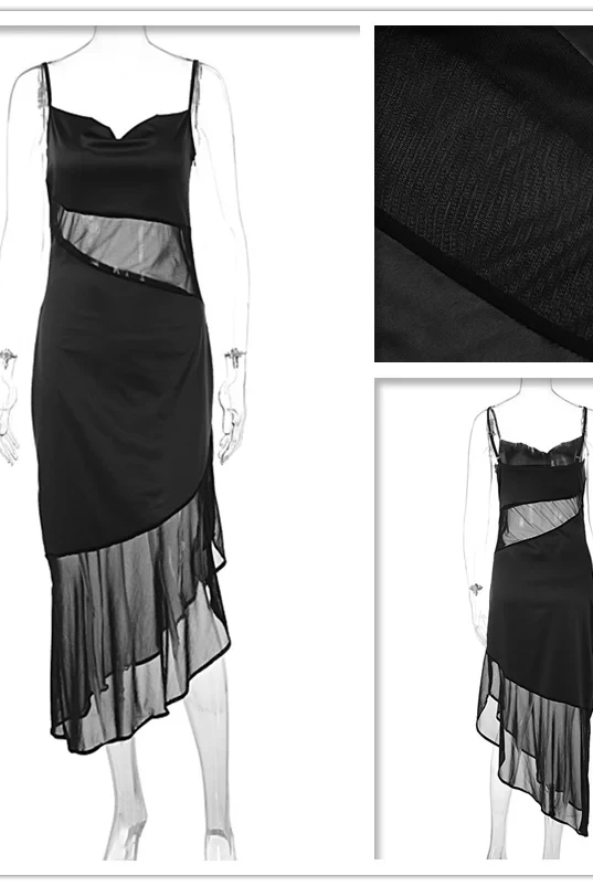 Black Elowen Satin Midi Dress by Lumina Wear, featuring smooth satin fabric and elegant midi length, displayed on a model.
