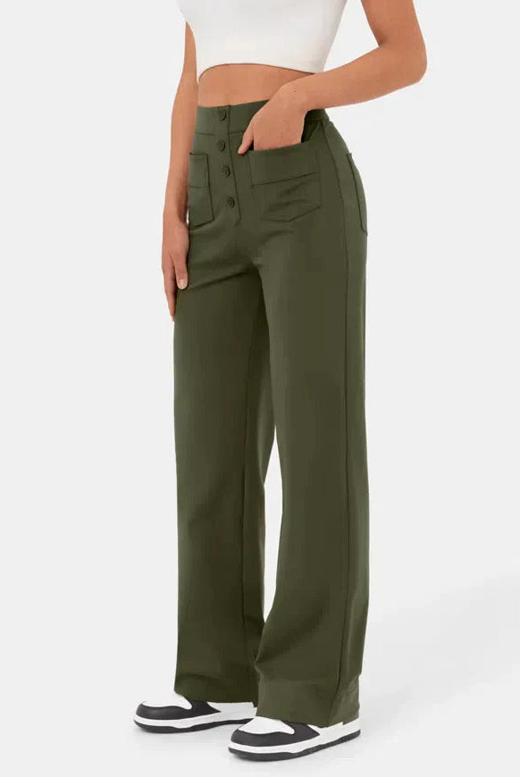 Elsa high-waist black trousers with pockets from Lumina Wear, shown in dark blue fabric with a comfortable fit.