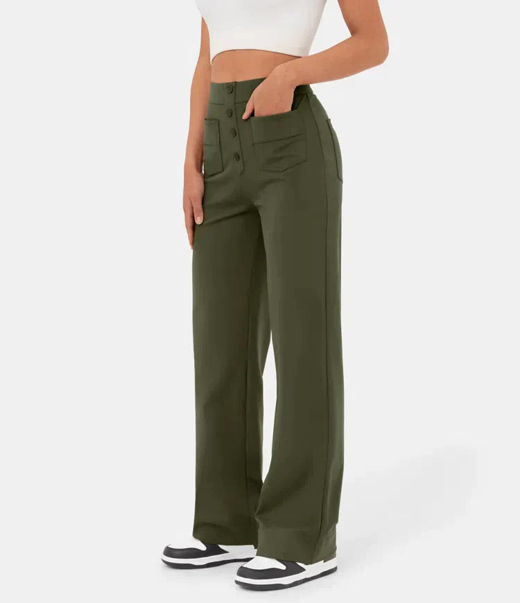 Elsa high-waist black trousers with pockets from Lumina Wear, shown in dark blue fabric with a comfortable fit.