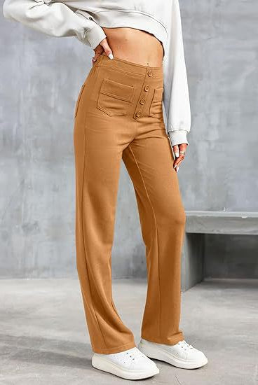 Elsa Lumina Wear high-waist black trousers with pockets, comfortable fit, casual style, shown in dark blue fabric.