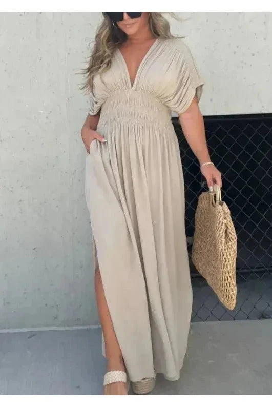 Elegant Elyse™ maxi dress by Lumina Vancouver, featuring a stone color and flowing silhouette, perfect for formal occasions.