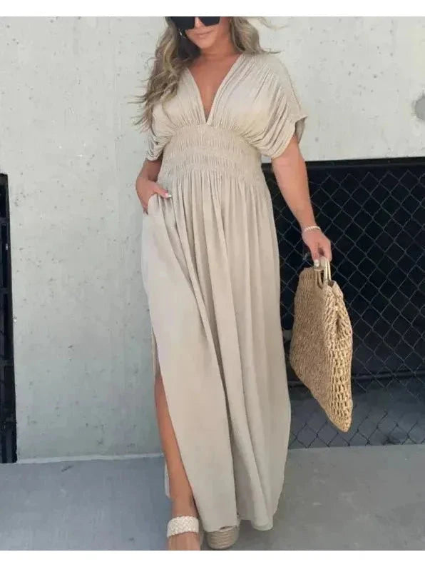 Elegant Elyse™ maxi dress by Lumina Vancouver, featuring a stone color and flowing silhouette, perfect for formal occasions.