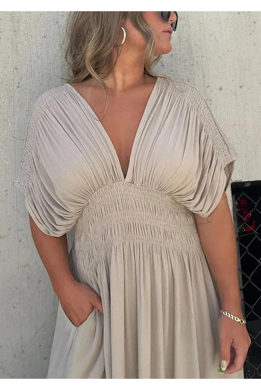 Lumina Vancouver Elyse™ elegant maxi dress in stone color, flowing design perfect for formal occasions, nearly sold out.