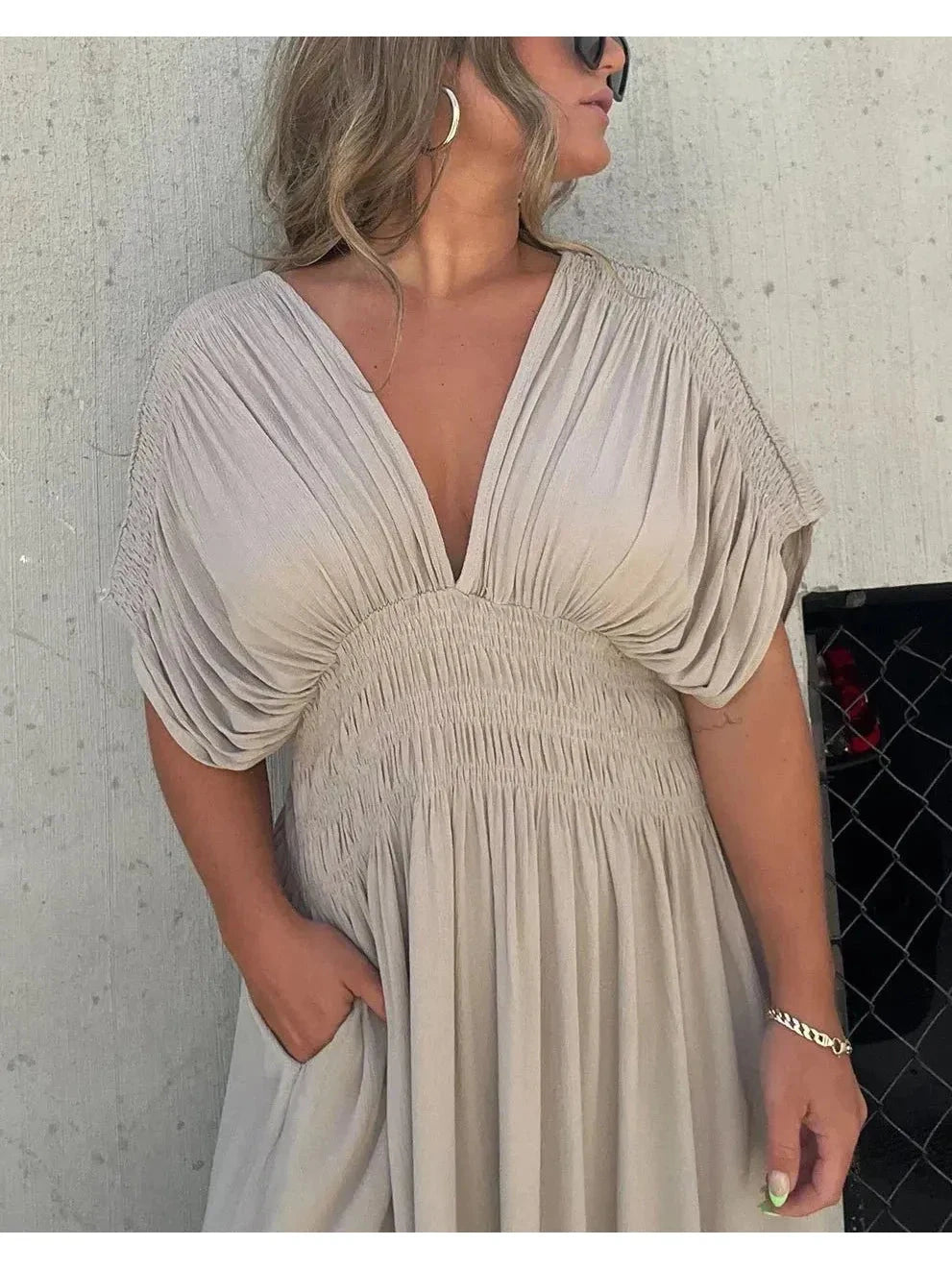 Lumina Vancouver Elyse™ elegant maxi dress in stone color, flowing design perfect for formal occasions, nearly sold out.