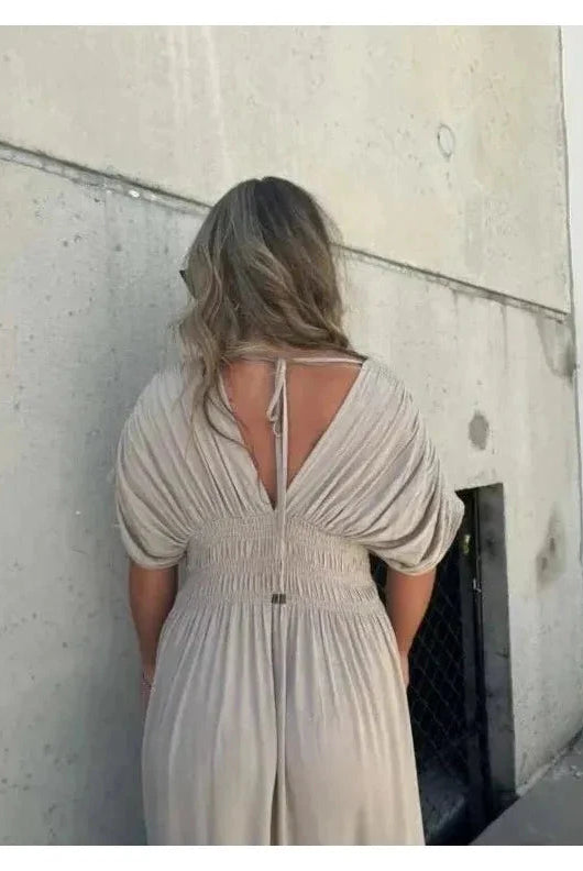 Lumina Vancouver Elyse™ elegant maxi dress in stone color, flowing fabric, perfect for formal occasions, nearly sold out.