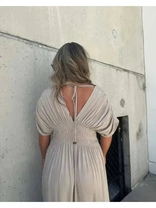 Lumina Vancouver Elyse™ elegant maxi dress in stone color, flowing fabric, perfect for formal occasions, nearly sold out.